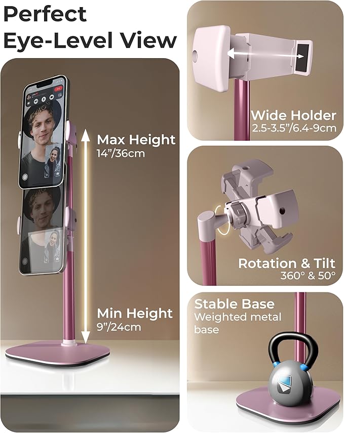 COOPER ChatStand, Adjustable Cell Phone Stand for Desk, Phone Stand for Recording, iPhone Holder for Filming, Small Tripod for iPhone, Fits Samsung, Android Smartphones, (Pink Rose Gold)