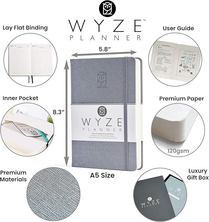 Wyze Planner Undated Daily Planner – 6-Month A5 Productivity Organizer with Full Page Per Day, ADHD Friendly, Hourly Schedule, Goal Setting, Habit Tracker, Weekly & Monthly Pages – Hardcover Time Management Notebook (Gray)