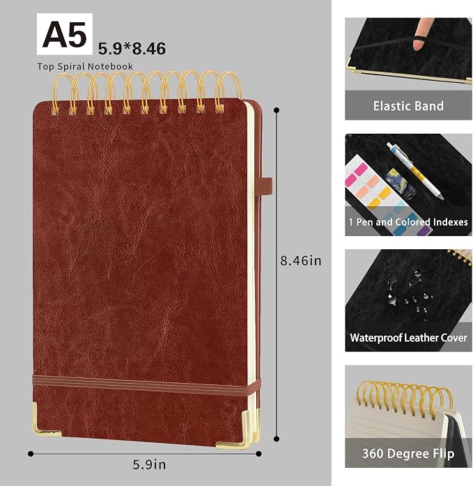 Steno Pads A5 Top Spiral Notebook,Leather Hardcover Top Bound Steno Pads, 240 Pages 100 gsm Thick Lined Paper Left Handed Notebook Journal for School,Work,Meeting Writing, Brown