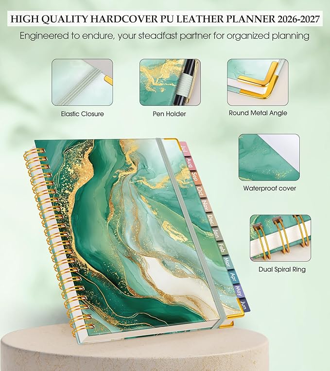 Academic Planner 2026-2027, Hardcover Leather Weekly and Monthly Calendar Planner from July 2026 - June 2027, A5 6.1" x 8.2" Daily Agenda with Tabs, College School Organizer for Student Teacher, Slate (Marble)