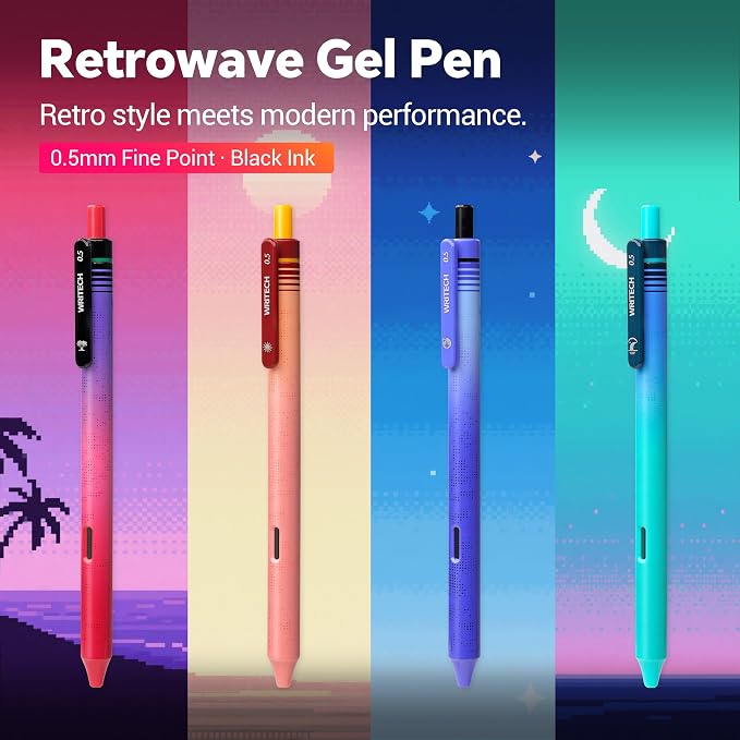 WRITECH Black Ink Gel Pens: Retrowave 0.5mm Fine Point Silent Click 8ct | Smooth Writing Refillable No Bleed Smudge Resistant for Everyday Writing Journaling Planning School Office and Crafting