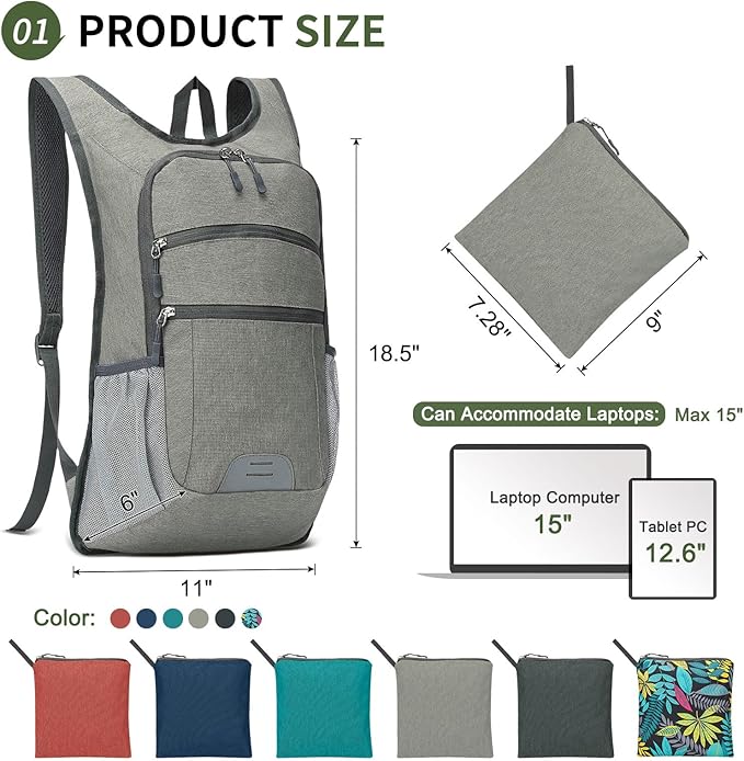 20L Lightweight Hiking Daypack, Foldable Travel Packable Backpack for Men Women for Cycling Camping Outdoor (Gray)
