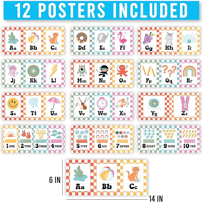 Hadley Designs Alphabet for Classroom Wall Decor - ABC Posters for Classroom Wall Chart Preschool & Kindergarten, ABC Letters & Number Line Elementary, Alphabet Cards, Retro Classroom Decor