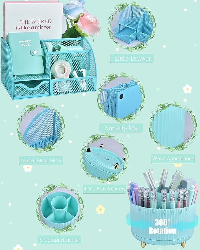 LXEVIHK 21Pcs Green and Blue Desk Organizers and Accessories With Mesh Desk Organizer and 360°Rotating Pen Holder and a Lot of Office Green Office Supplies Beautifully Presented in a Gift Box