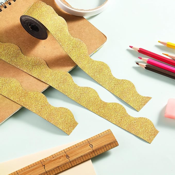 Fuyoooo 49 ft Magnetic Borders for Classroom Bulletin Board Borders Magnetic Whiteboard Classroom Strips Reusable Rolled Wall Trim for School Teacher Offices Chalkboard(Gold,Elegant Style)