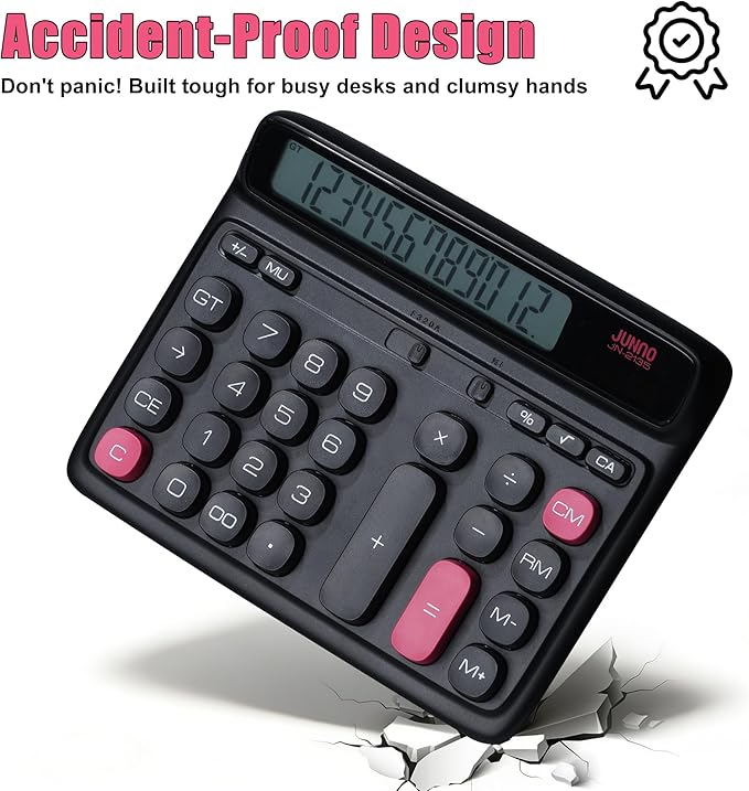 12-Digit Desktop Calculator, Modern Color-Clash Aesthetic Design, Dual Power (Solar & Battery), Ergonomic Tilted Large LCD Display for Office, School and Accounting (Black)