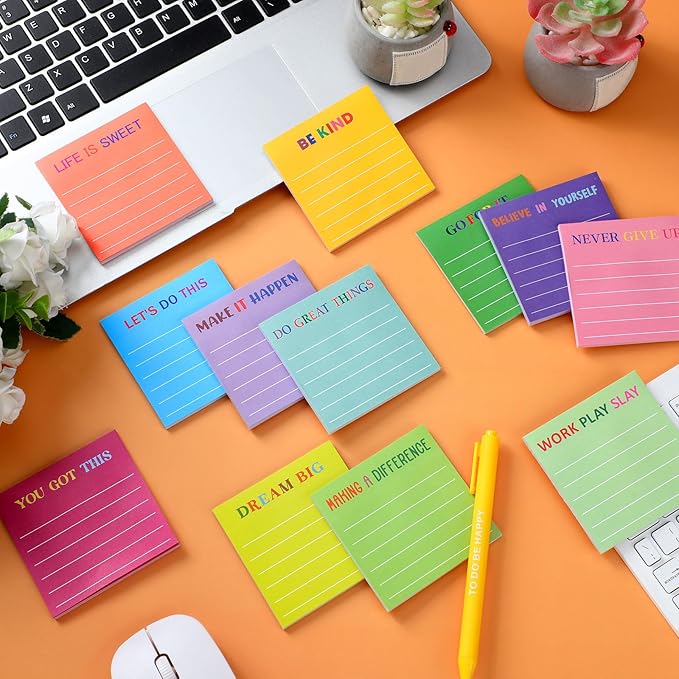 Yinder 12 Pcs Inspirational Sticky Notes Cute Motivational Sticky Notes Pad End of Year Employee Appreciation Gifts Bulk for Teacher Nurse Coworkers Office Supplies 3 x 3'' (Motivational,Dark Color)