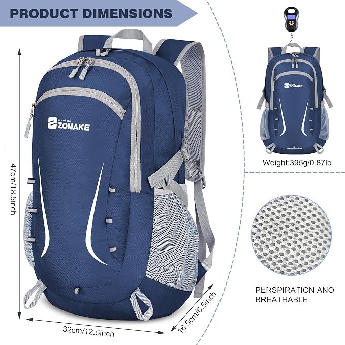 ZOMAKE Lightweight Packable Backpack 35L, Foldable Backpacks Water Resistant Collapsible Light Daypack for Hiking(Navy Blue) | Light Hiking Backpacks Water Resistant Collapsible Day Pack for Travel, Everyday Carry, Multi-Pocket Layout, Heavy Duty Nylon