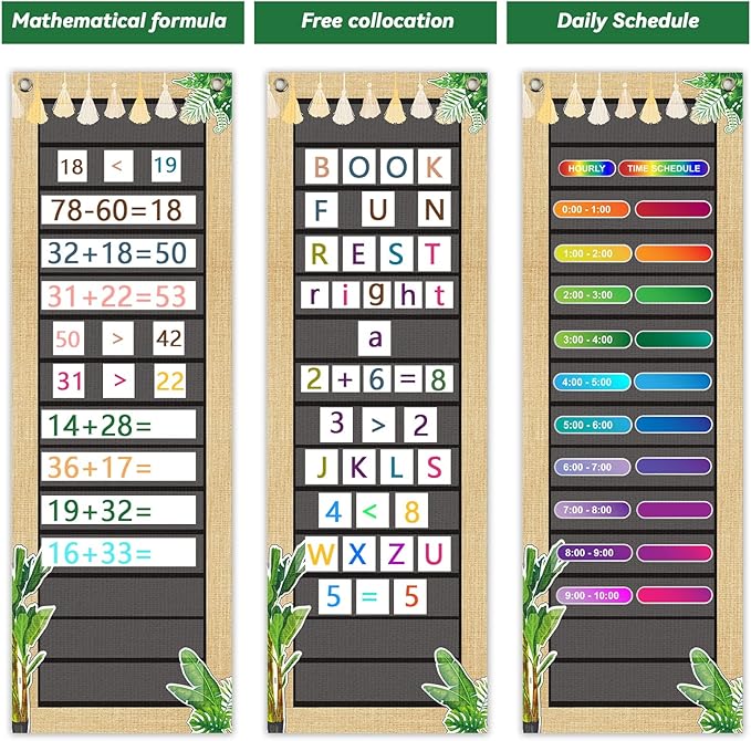 Tevxj Eucalyptus Daily Schedule Pocket Chart for Classroom 39 * 13 inch, Back to School Greenery Teacher Hanging Pocket Chart with 14 Pockets Schedule Pocket Chart School Home Decor Learning Supplies