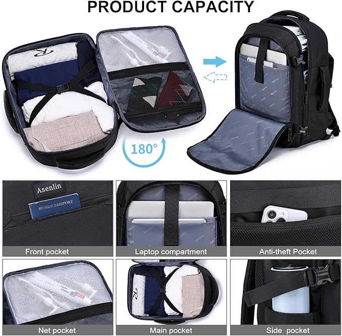 Asenlin Travel Backpack for Women Men,Flight Approved Carry On Luggage 40L Water Resistant Business Laptop Backpacks Fits TSA 17.3 Inch Computer College Weekender Outdoor Hiking-Black