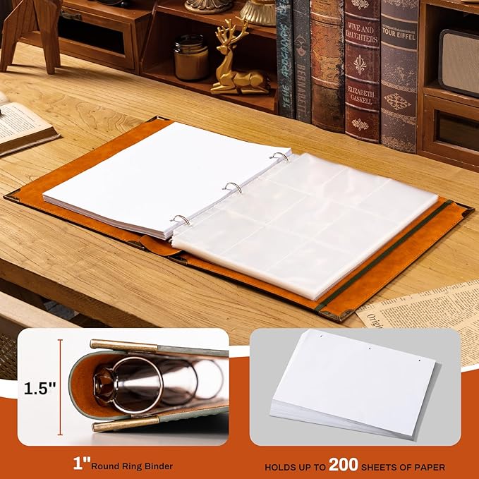 Ovesmusl PU Leather 3 Ring Binder 1 Inch Round Ring Binder Holds 200 Sheets 8.5"x11" Letter Size Paper, Wedding Family History Notebook Cover Loose Leaf Organizer, Brown
