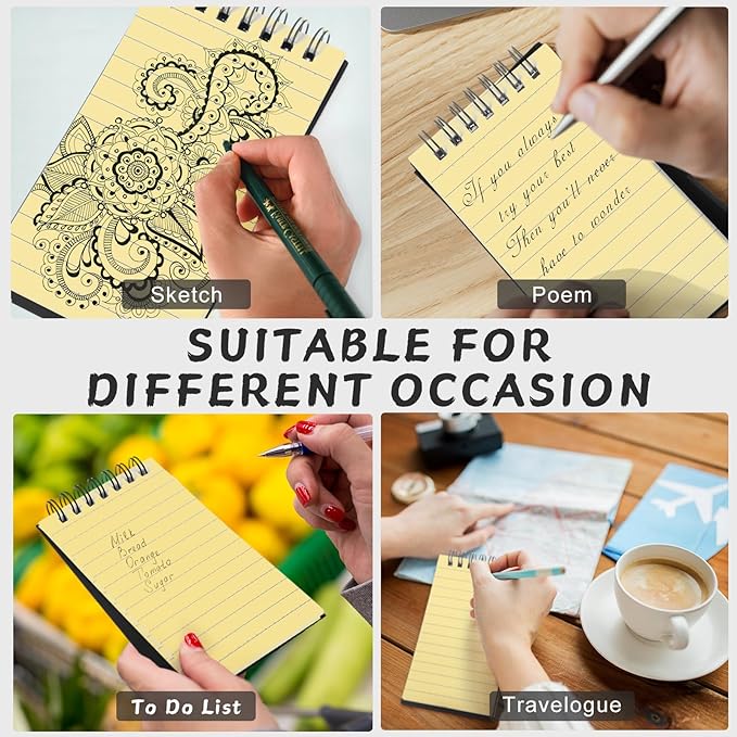 Tenceur 6 Pcs Pocket Notebook Small 3x5 Inch Black Cover Yellow Page Top Spiral Notepads Bound Notebook with Lined 120 Pages Mini Memo Pads for Office College Nurse Essentials Back to School Gift