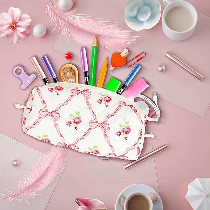 Cute Quilted Pencil Case for Girls Women, Aesthetic Small Floral Pencil Pouch,Slim Soft Pencil Bag for School Supplies Makeup Pouch for School & Daily Use (pink bow)
