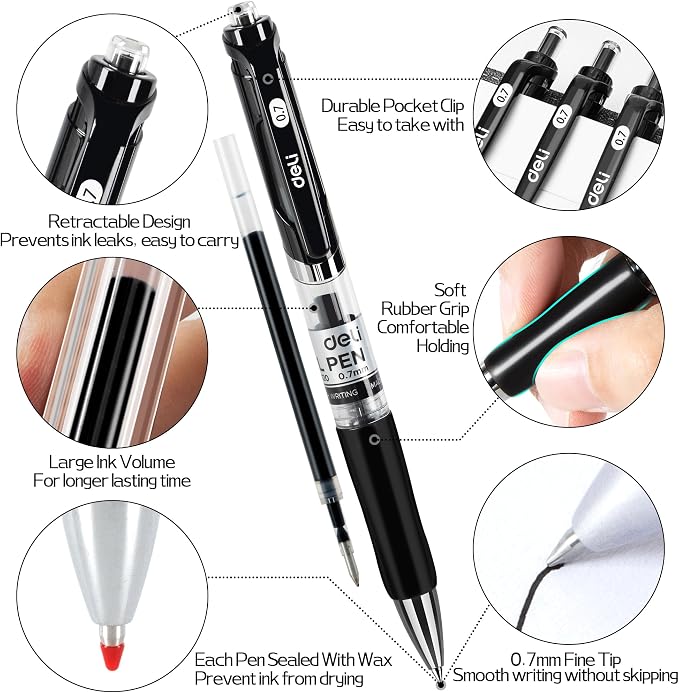deli Gel Pens, 50 Pcs Retractable Pens Black Ink, 20 Pens with 30 Refills | Medium Point Pen Bulk 0.7mm, Smooth Writing, Fast Dry, No Bleed for Journaling Note Taking, Home School Office Supplies