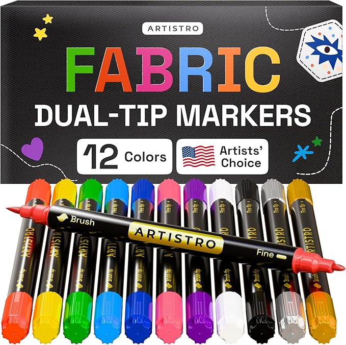 ARTISTRO 12 Dual-Tip Fabric Markers - Fabric Decorating Kit - Permanent for Clothes - Acrylic Paint Pens for Sneakers, Bags, Shoes, Textile, Canvas, Sewing, Craft, DIY - Brush and Fine Tip