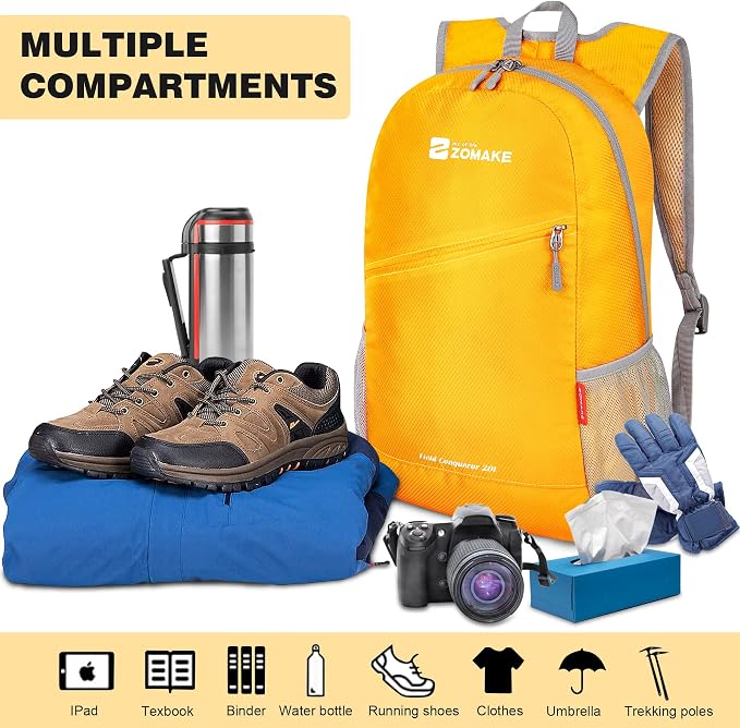 ZOMAKE Lightweight Packable Backpack 20L, Foldable Small Daypack for Hiking | Water Resistant Backpacks Day Bag for Travel Outdoor Camping Sport, Everyday Carry, Multi Compartment Storage(Yellow)