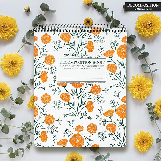 Decomposition Cali Poppies Top Bound Spiral Notebook – 7.5 x 9.75 Journal, College Ruled Lined Pages – Left-Handed Friendly Notebooks Ideal for Students, Artists & Office Professionals – Made in USA