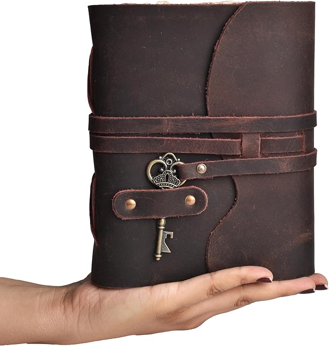 LEATHER VILLAGE Vintage Leather Journal – 200 Handmade Vintage Deckle Edge Paper – Leather bound Journal For Women Men – Vintage Key Closure - Book of Shadows - Chocolate Brown - 13X8 inches