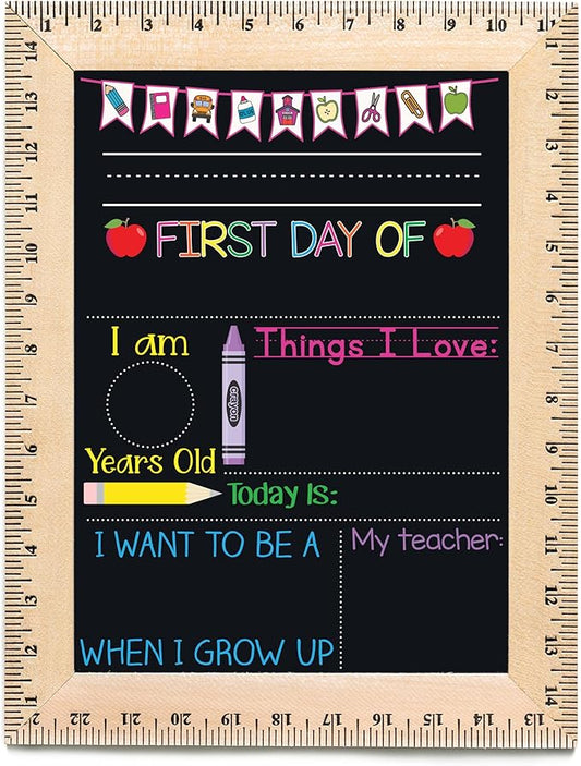 Bloom Owl First Day of School Chalkboard Sign - 11.5"x15" Reusable Back to School Photo Prop with Wooden Ruler Frame for Preschool, Kindergarten, and Beyond (Purple Crayon)