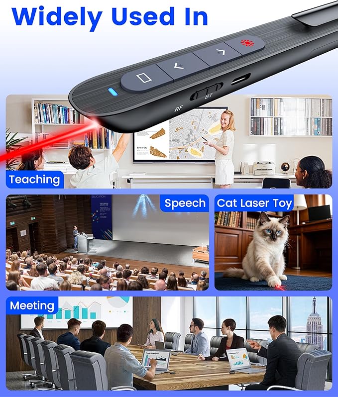 Presentation Clicker Rechargeable Compatible with Bluetooth and RF 2.4GHz Red Light, Wireless Presenter Remote Control for Powerpoint Presentations Slide Clicker for Mac Computer