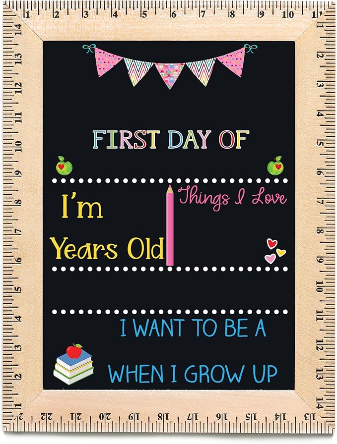 First Day of School Sign (11.5"x15"), Reusable Chalkboard Sign, Easy-to-Clean with Real Wooden Ruler Frame, Handmade in USA by Bloom Owl, Perfect for Back to School, First Day of Kindergarten Girl