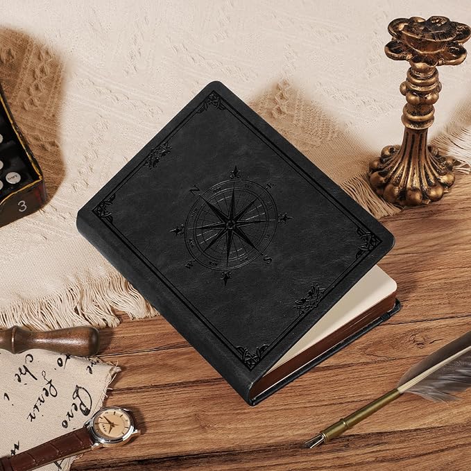 AHGXG Thick Journal Blank Notebook for Men - 320 Numbered Pages A5 Notebook for Writing, 100gsm Plain Paper, Vintage Leather Hardcover, for Women Work Office School, 5.75'' X 8.38''- Black