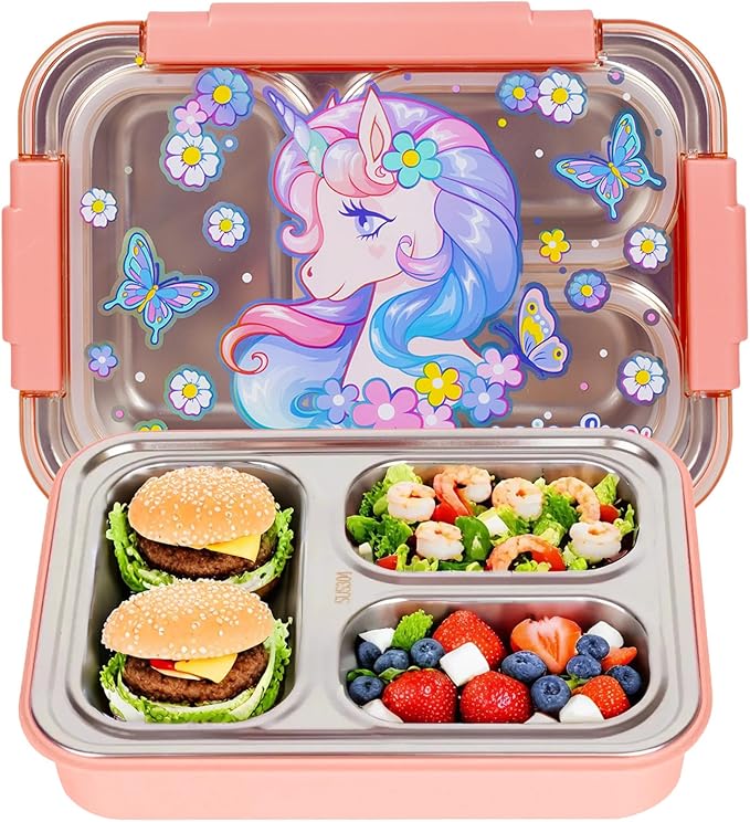 Stainless Steel Bento Lunch Box for Kids, 710ml/23.5oz BPA-Free Leak-Proof Food Containers with 3 Compartments, Back to School Students Daycare Lunches Snack Container Size for Ages 3-7