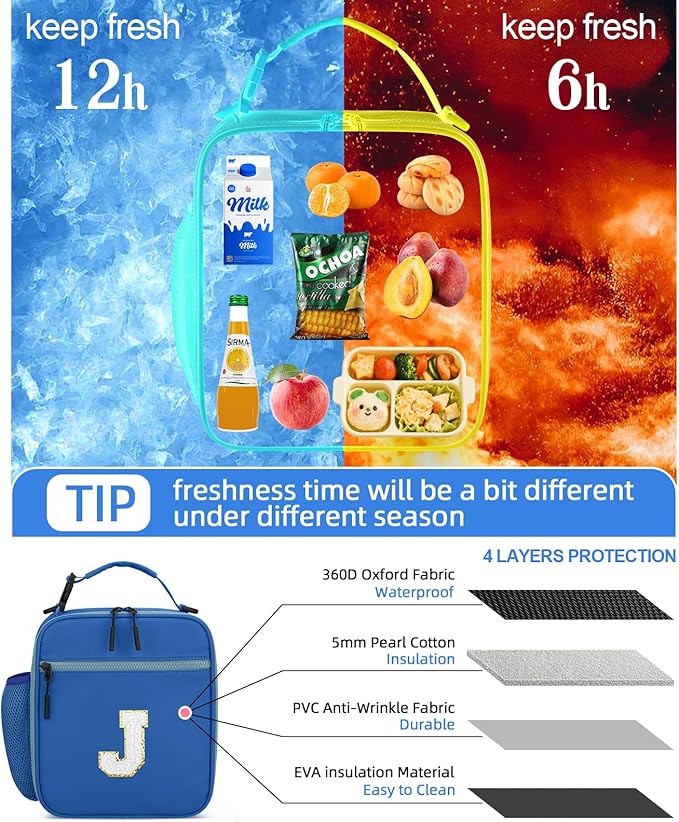 Initial Insulated Lunch Bag for Boys Kids, Back to School Gift, Reusable Leak-proof Lunch Box with Adjustable Strap for School Daycare Travel Picnic（Blue，J）