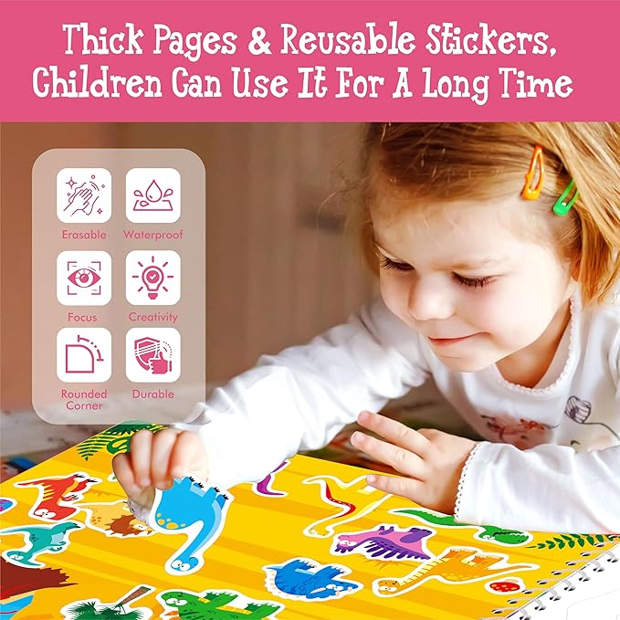 Sticker Activity Book, 640+ Reusable Stickers, 15 Dry-erase Scenes & 16 Fun Games, Side By Side Dinosaur-Themed Activity Book, Educational Hands-on Travel Game - Great for Toddlers, Kids, Boys & Girls
