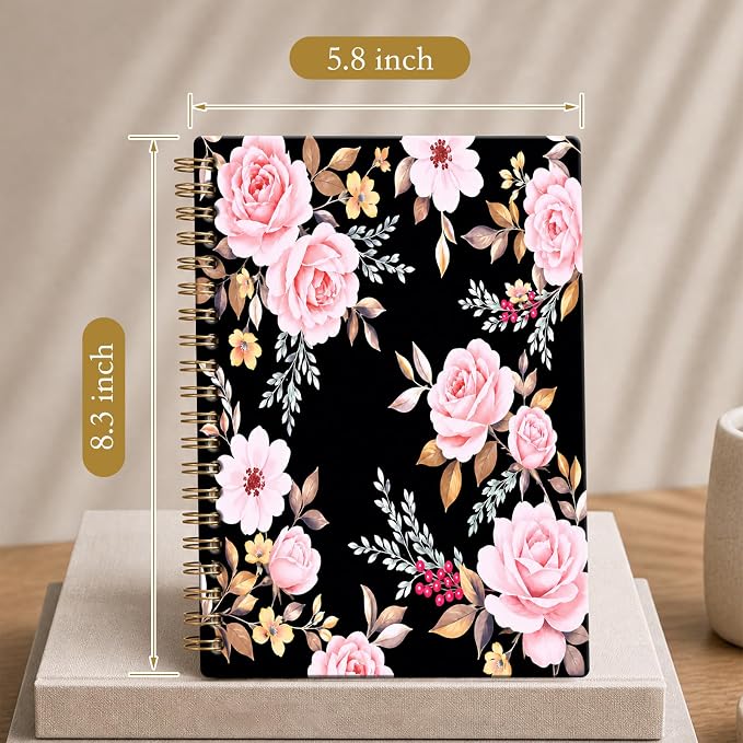 ATJFKIXL Cute Spiral Journal Notebook, A5 120 Page College Ruled Wirebound Notebook, Soft Cover for Students Office Notes and Planning - Black Rose Floral