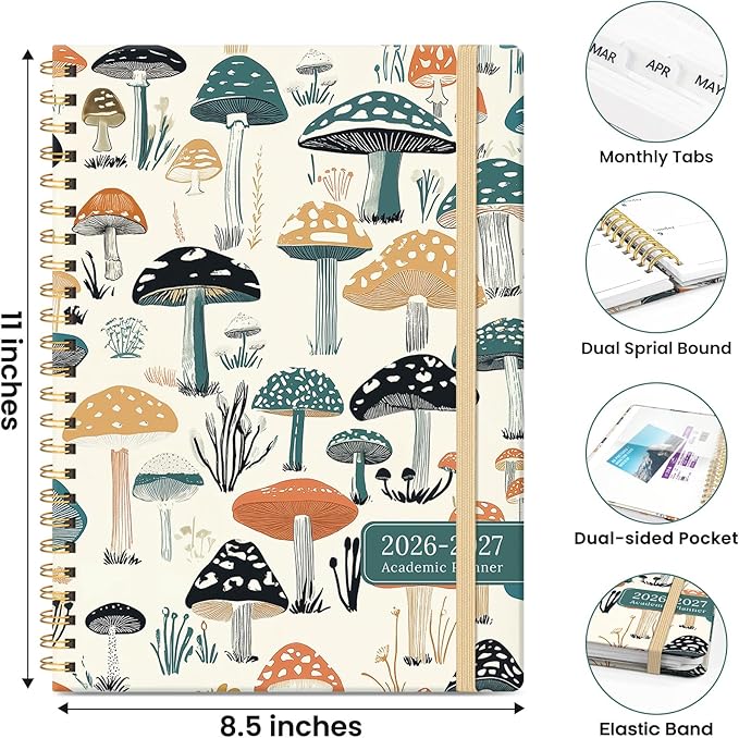 Planner 2026-2027, Academic Planner Weekly and Monthly, Jul 2026 - Jun 2027, Spiral Bound School Planning Tool with Tabs and Pocket, Perfect for Students & Teacher, 8.5" x 11", Mushrooms Grove