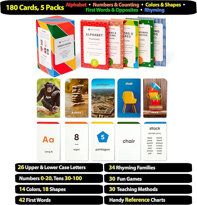 Award-Winning Flash Cards for Preschool & Kindergarten – 5-Deck Set, 180 Jumbo Cards – Learn Alphabet, Numbers, Colors, Shapes, First Words, Opposites & Rhyming – for Kids Ages 2–5