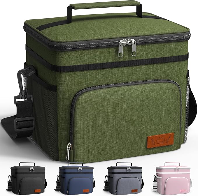 HOTOR Insulated Lunch Box Men Women Leak-Proof Cooler Lunch Bag 9L | 4 Pockets, Adjustable Strap, Ideal for Work, Picnic, Travel, Camping, Gift, Cationic Green