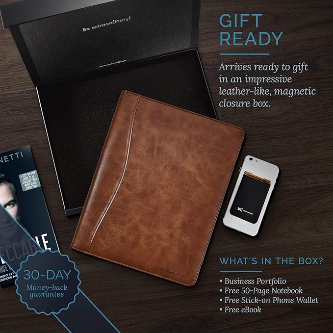 Nero Manetti - Leather Portfolio Folder - Business PU Leather Notepad Holder for Resumes, Legal Pad Executive Binder, Professional Padfolio Notebook for Women/Men (Brown)