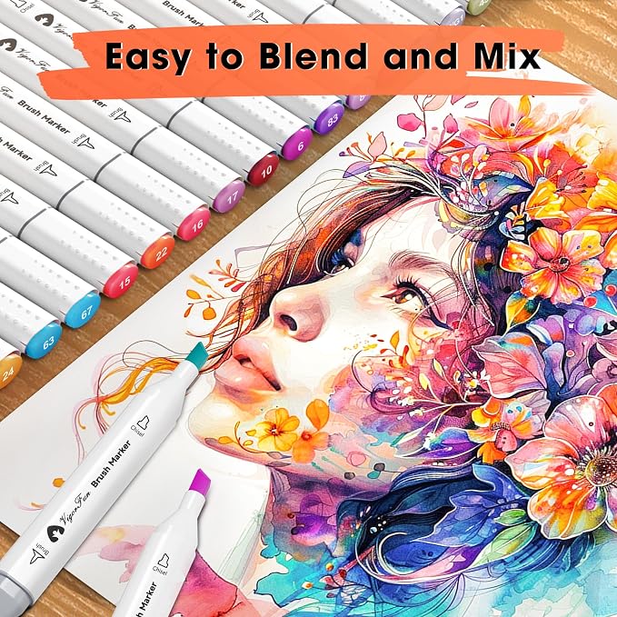 VigorFun Alcohol Markers Brush Tip, 52 Colors Dual Tip Brush & Chisel
