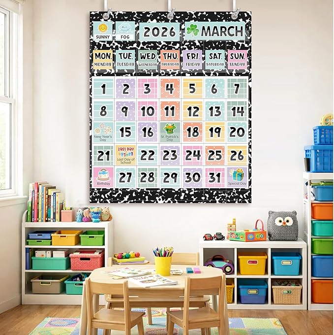 Tinlade Classroom Calendar Pocket Chart Set with 115 Cards 24 x 28 Inch Cute Cartoon Calendar Bulletin Board Pocket 2026–2033 Festival Weather Teacher Supplies for Classroom Wall Decoration