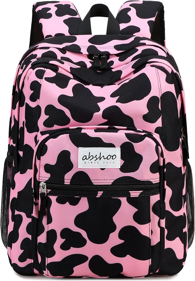 abshoo Classical Basic Cow Print Womens School Backpack For College Teen Girls Water Resistant Bookbag (Cow Pink)