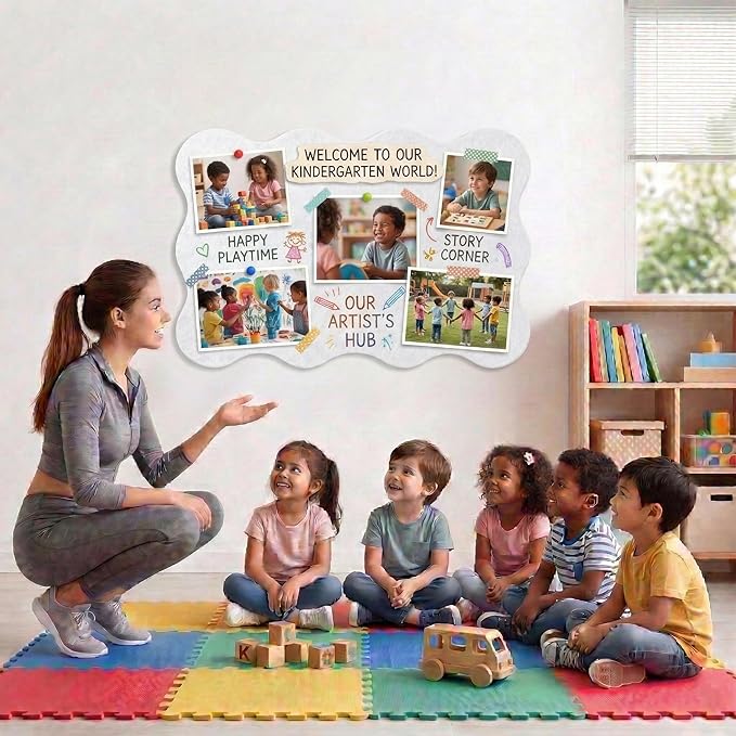 Scalloped Bulletin Board, 36x24 Scalloped Felt Bulletin Board, 3' by 2' Trifold Foldable Picture Display with 20 Pins & 5 Cute Decors - White