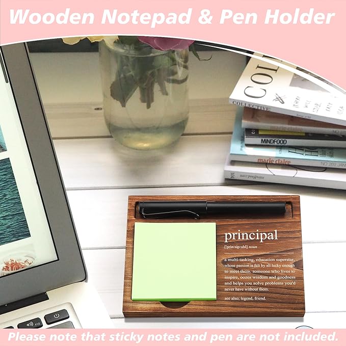 Principal Sticky Note Holder Wooden Notepad & Pen Holder 6.5" x 4.7" Sticky Note Pad Holder Dispenser for Desk Principal Definition Work Gifts, NPA186