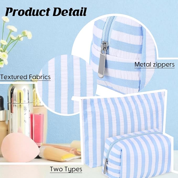 Huhumy 2 Pcs Makeup Bag Set for Women, Blue,Wide Striped Seersucker | Cute Cosmetic Pouch Women Travel Toiletry Bag Preppy Small Makeup Purse Pouch Aesthetic Skincare Brushes Storage Organizer