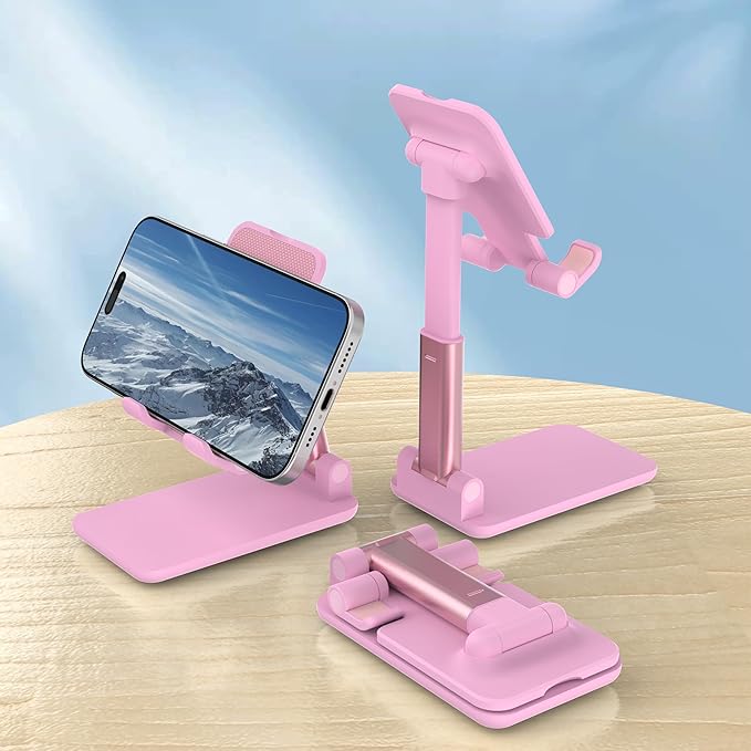 Cell Phone Stand, Adjustable Angle and Height Cell Phone Holder for Desk, Foldable and Portable, Anti-Slip Silicone Pad, Compatible with All Mobile Phones and 4-8 Inch Devices, Pink