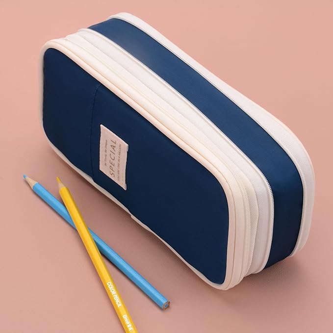 Large Capacity Big Special Cute Aesthetic Preppy Canvas Pencil Case Organizer Holder Pouch Bag with Zipper Compartments, Pen Cases for Women Girls School Adults (Navy)