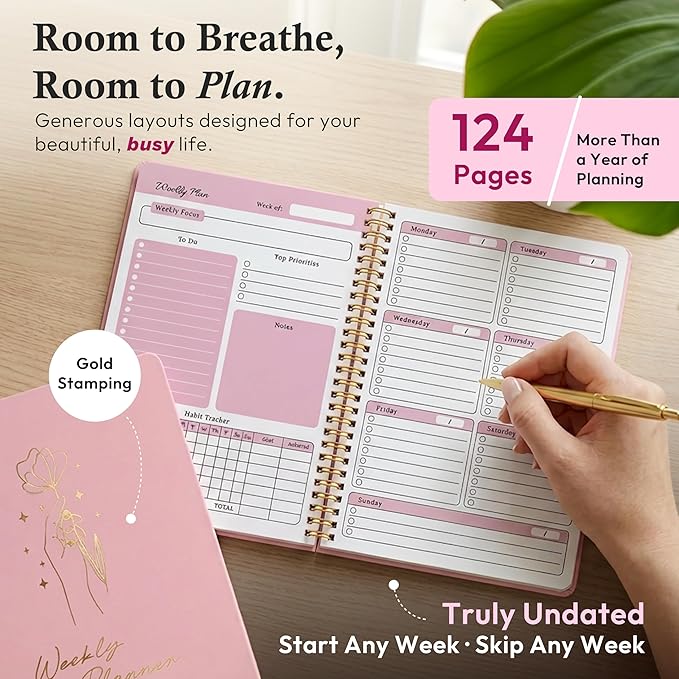Undated Weekly Planner & Notebook for Work, School & Home — Aesthetic Hardcover Spiral Blank Planner with Habit Tracker, Goal Organizer & To Do List — 124 No-Bleed Pages, 6.4×8.5", Pink