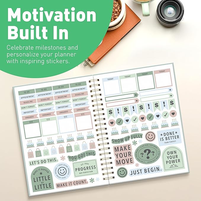 Sweetzer & Orange 2026 Planner – 6" x 8.25" Dated Daily, Weekly & Monthly Calendar Planner – January to December 2026 – Eucalyptus Design with Motivational Stickers, Gold Spiral & Sturdy Paper