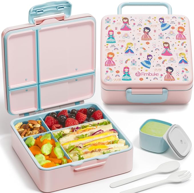 Fimibuke Bento Lunch Box for Kids, Toddler Bento Box with 4 Compartments | Leak Proof BPA Free Dishwasher Safe Lunch Container with Utensils, Ideal Portion Sizes for Ages 3-12 Girls Boys for School