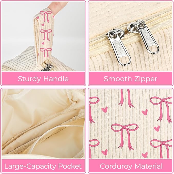 WOBAGMEN Cute Pencil Case,Large Corduroy Zippered Pencil Case Pouch, aesthetic Pencil Bag with Compartments, Pencil Pouch School Supplies (pink bow)