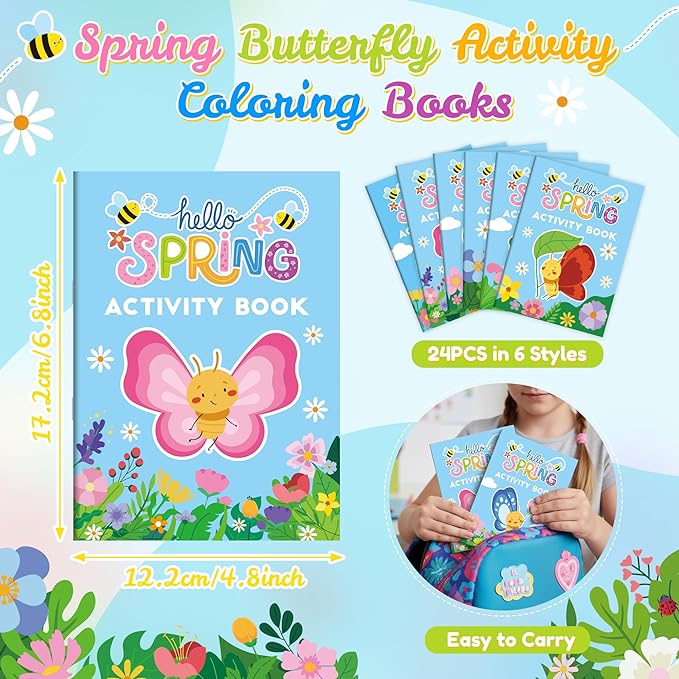 JAPBOR Spring Butterfly Activity Coloring Books - Mini Springtime Activities Color Book Bulk for Kids Party Favors, Butterflies Flowers Small Colour Pages for Easter Gifts Class Drawing Painting Games
