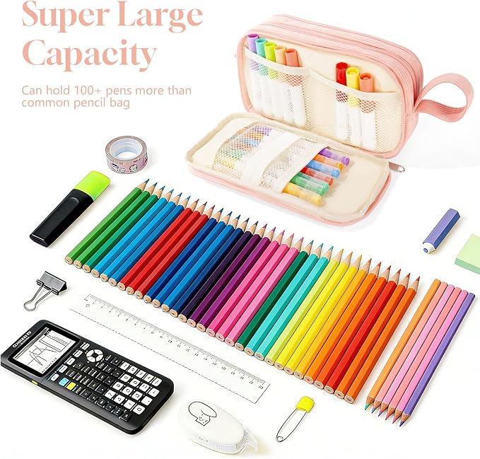 TESAFNG Corduroy Pencil Case, Large Capacity Pencil Pouch with 4 Compartments, Cute Soft Aesthetic Stationery Pen Bag Organizer with Zipper, Portable School Supplies for Teen and Adult Girls, Pink