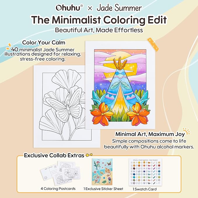Ohuhu x Jade Summer Coloring Set 47 Alcohol Markers & Coloring Book