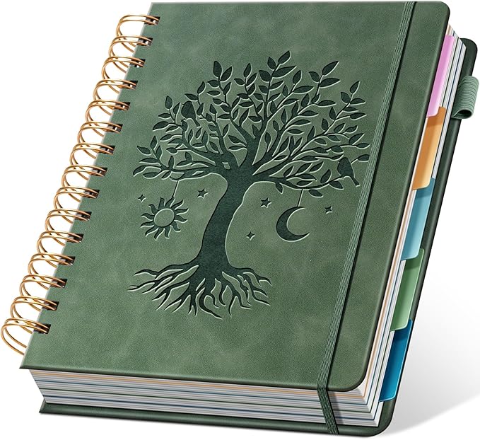 Ovesmusl Hardcover Spiral Notebook 6.1" x 8.4" with 5 Removable Dividers 300 Pages Leather 5 Subject Notebook College Ruled 100GSM Large Spiral Notebooks for Work Thick Lined Journal for Women, Green
